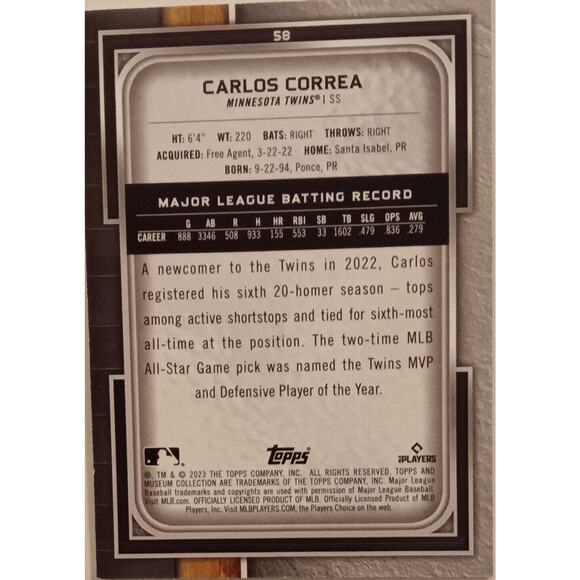 CARLOS CORREA 2023 Topps Museum Collection Sapphire #121/150 - Minnesota Twins - Picture 2 of 5